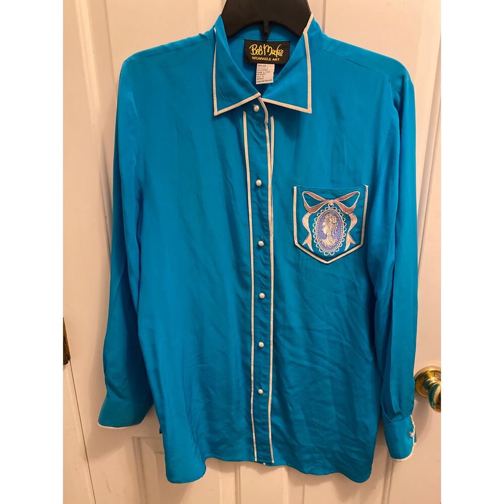 Bob Macke Womens Size Medium Wearable Art Embroidered Button Down Top Shirt Silk